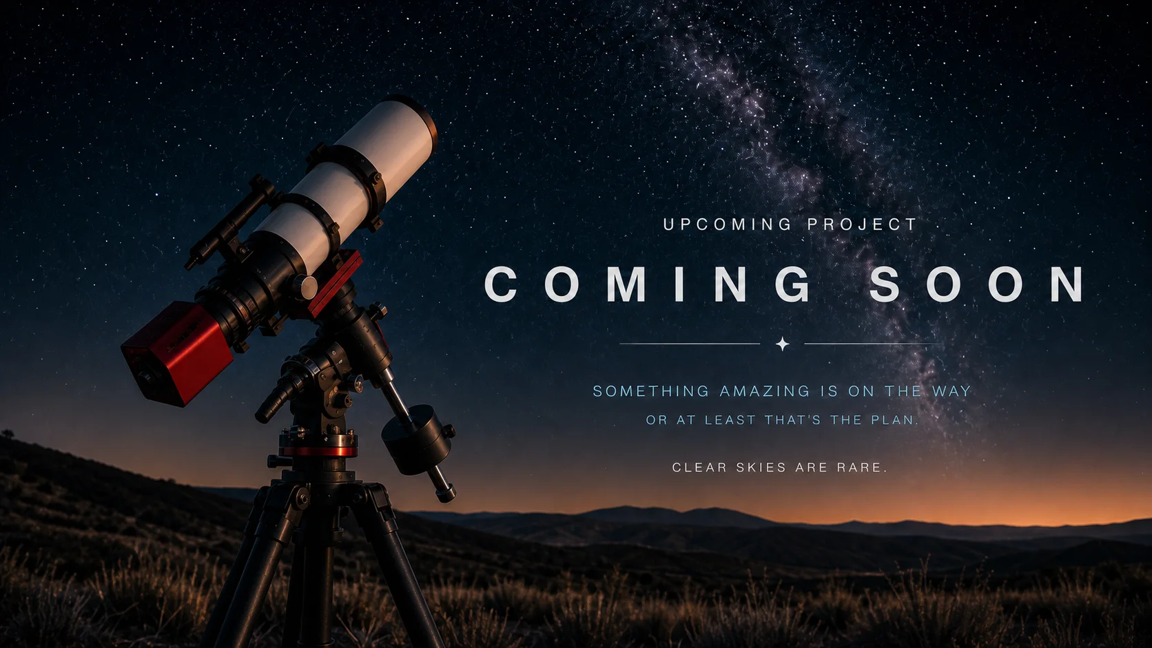 Astrophotography equipment beneath the Milky Way with the words coming soon