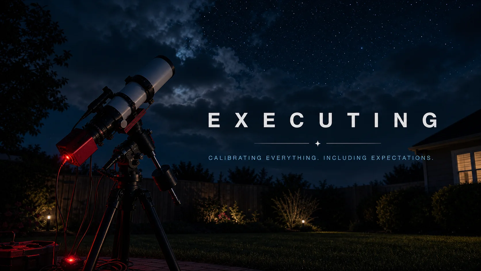 A backyard astrophotography setup beneath a cloudy star field with the words Executing and Calibrating everything, including expectations.