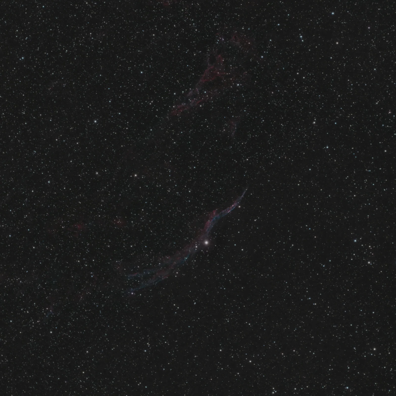 The delicate blue and red filaments of the Western Veil Nebula against a field of stars